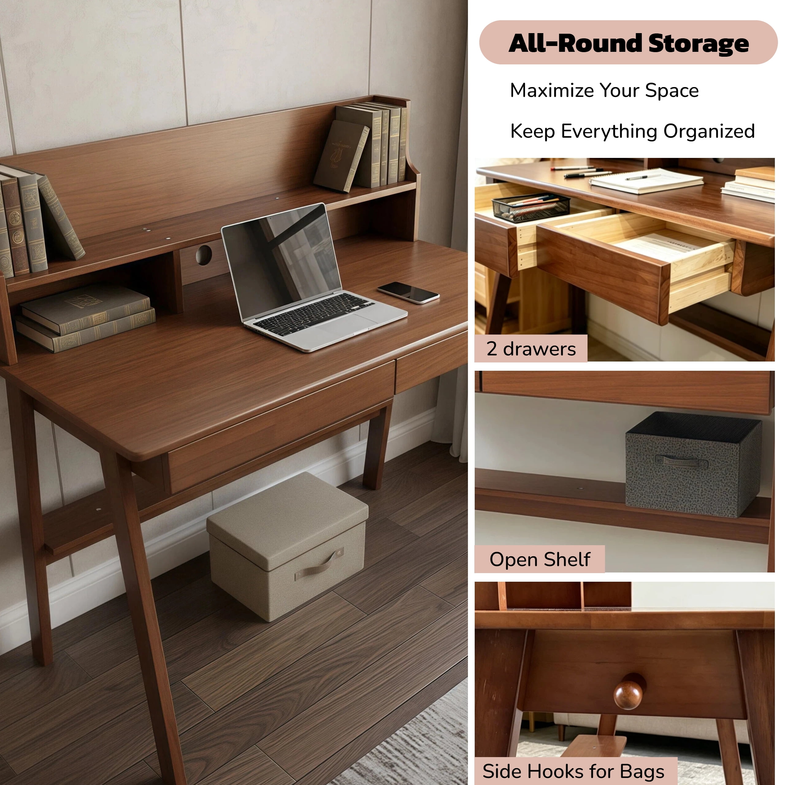 Desk Writing Computer Desk Mid Century Modern Home Office Table with Drawer for Bedroom, Solid Wood