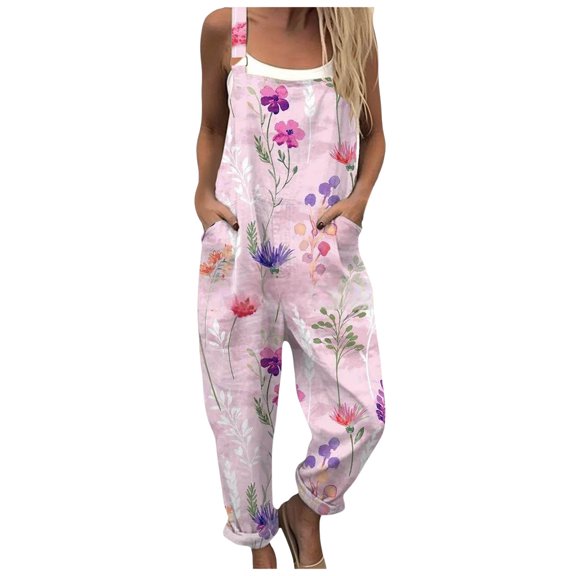 RFQWOVSR Women's Floral Print Adjustable Strap Overalls with Pockets Loose Fit Casual Summer Jumpsuits Rompers M