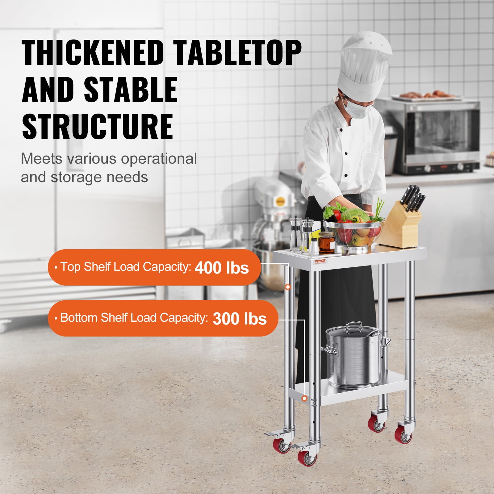 VEVOR Stainless Steel Work Table 12 x 24 x 34 Inch, 700 LBS Load Capacity with 4 Wheels, 3 Adjustable Height Levels, Heavy Duty Food Prep Worktable for Commercial Kitchen Restaurant, Silver