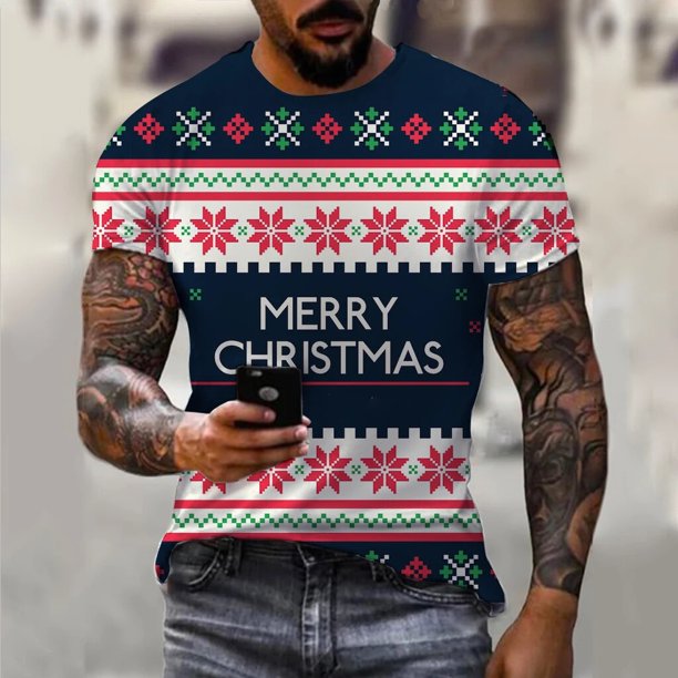 Camiseta con estampado 3D de Papá Noel y alce navideño para hombre, ropa informal suelta con cuello redondo, camisetas de verano, pantalón corto informal, Tops de manga, ropa para hombre