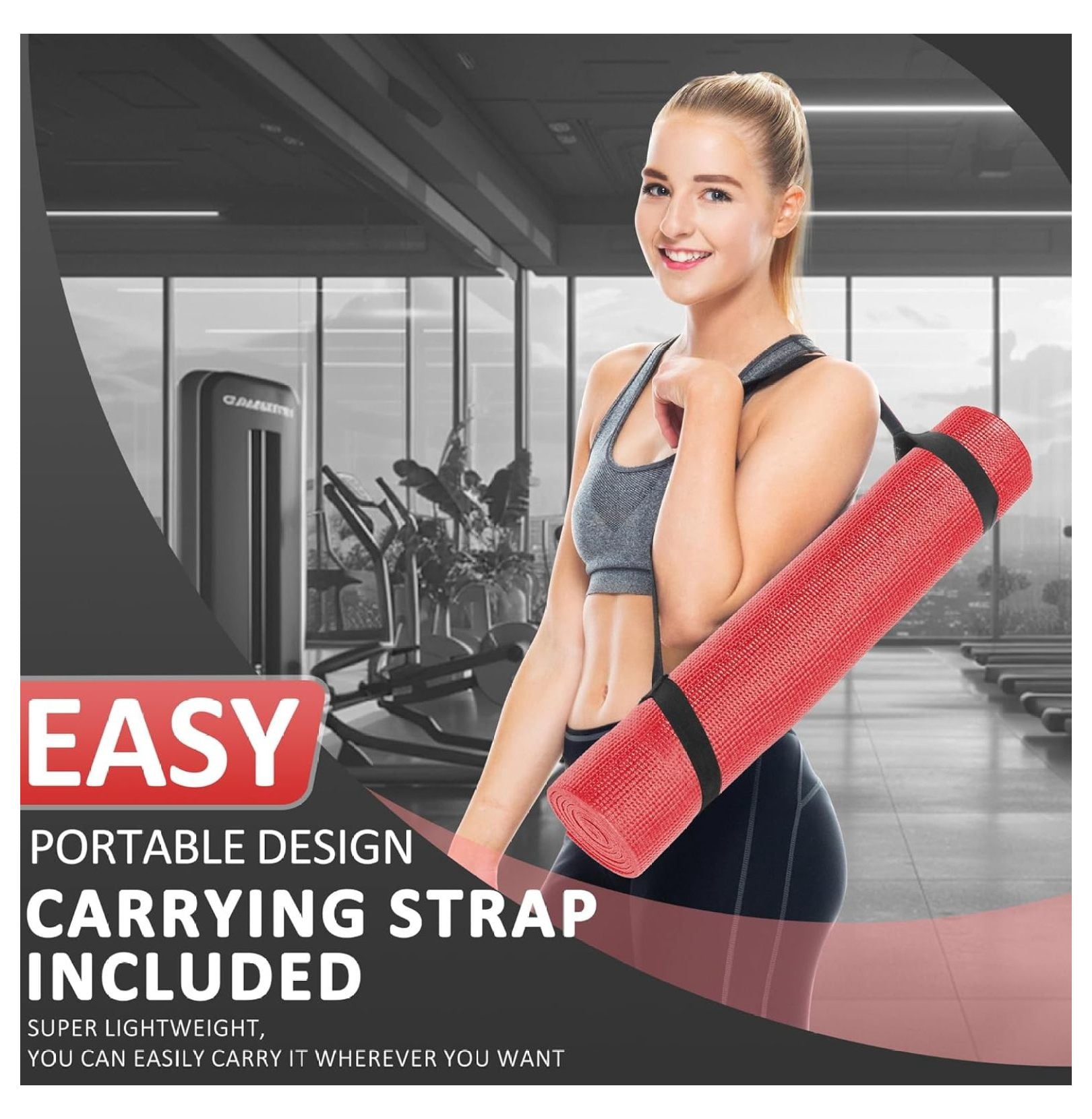 Signature Fitness All Purpose 0.25 Inch Thick High Density No Tear Exercise Yoga Mat with Strap & Lightweight Features for Indoor & Outdoor Use, Red