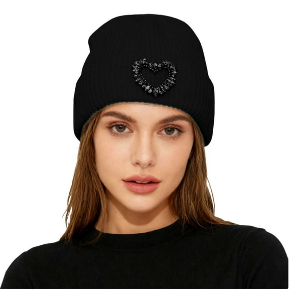 XIAOCHA Women’S Chic Heart‑Gem Beanie，Rhinestone‑Trim Fall‑Winter Outdoor Toque,Black