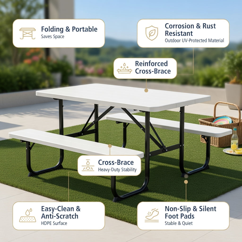 Hommoo Folding Outdoor Picnic Table & Bench Set, Wood-Grain HDPE Top, Steel Frame, Heavy-Duty Folding Patio Table for Backyard, Camping, Tailgating, White