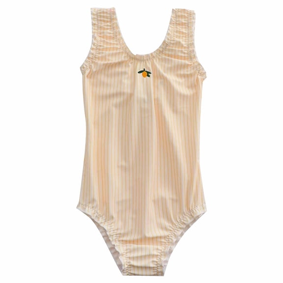 FINALGANG Girls Kids Striped One Piece Swimsuit With Cherry Embroidery Ruffle Trim Square Neck Bathing Suit For Summer Beach Swimming Pool Wear Classic Swimwear