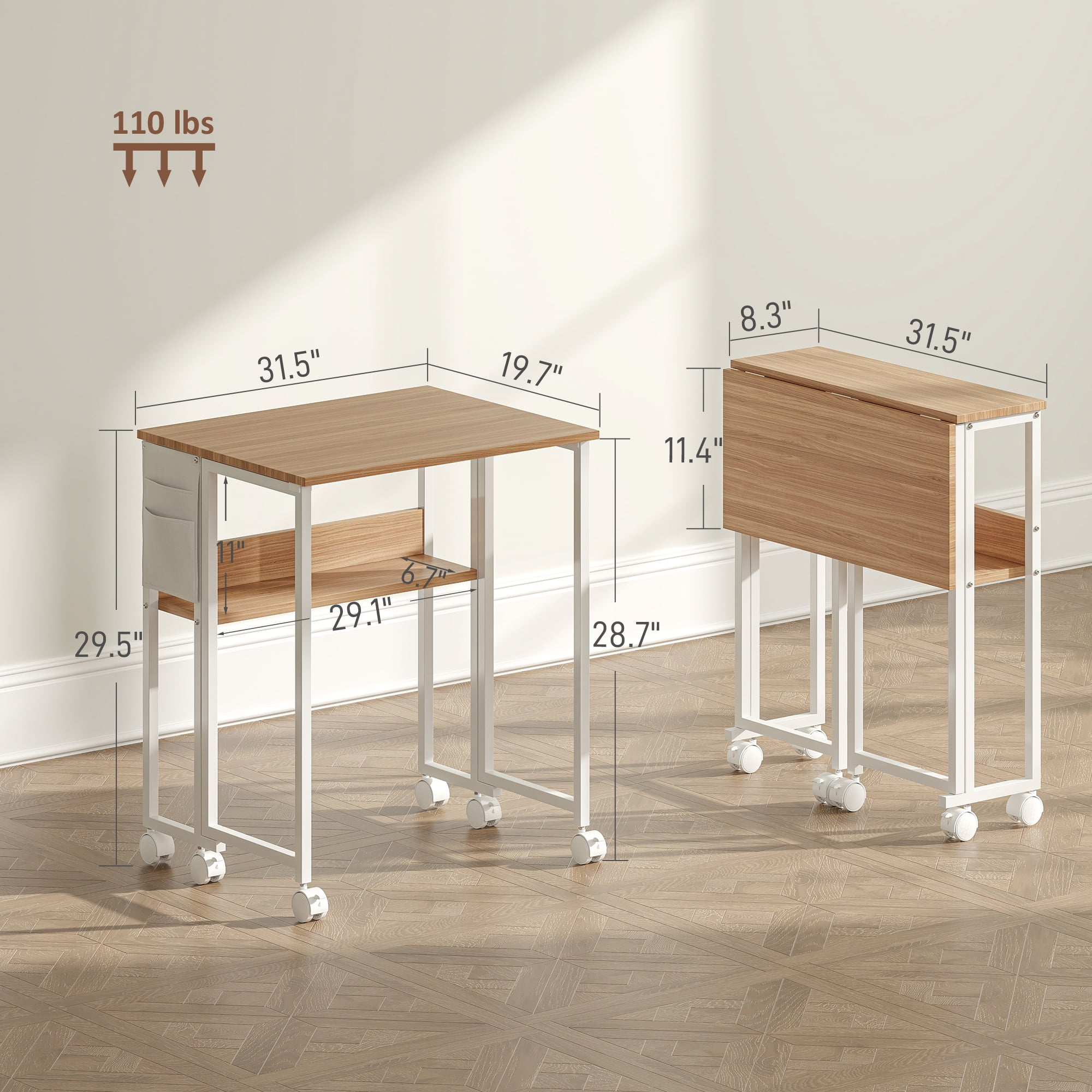 HOMCOM Small Folding Desk, 31.5" Foldable Computer Desk with Storage Bag, Shelf and Wheels for Small Spaces, Home Office, Easy Assembly, Natural Wood