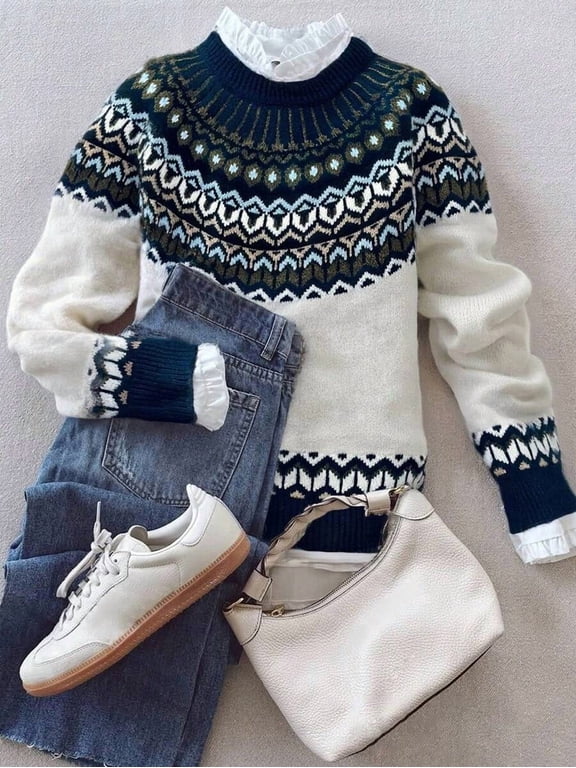 Women's Fair Isle Crew Neck Long Sleeve Knit Sweater