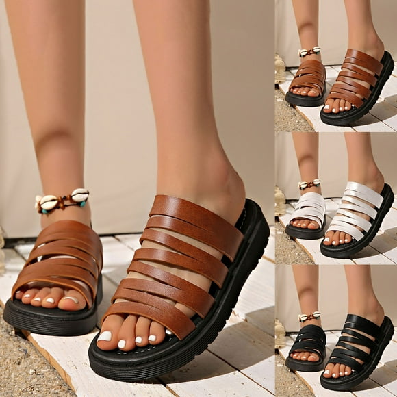Gspmoly Slides Womens, Women's Fashion Casual Summer New Retro Casual Roman Thick-Soled Soft Leather Versatile Outdoor Slippers Womens Slippers Black 36