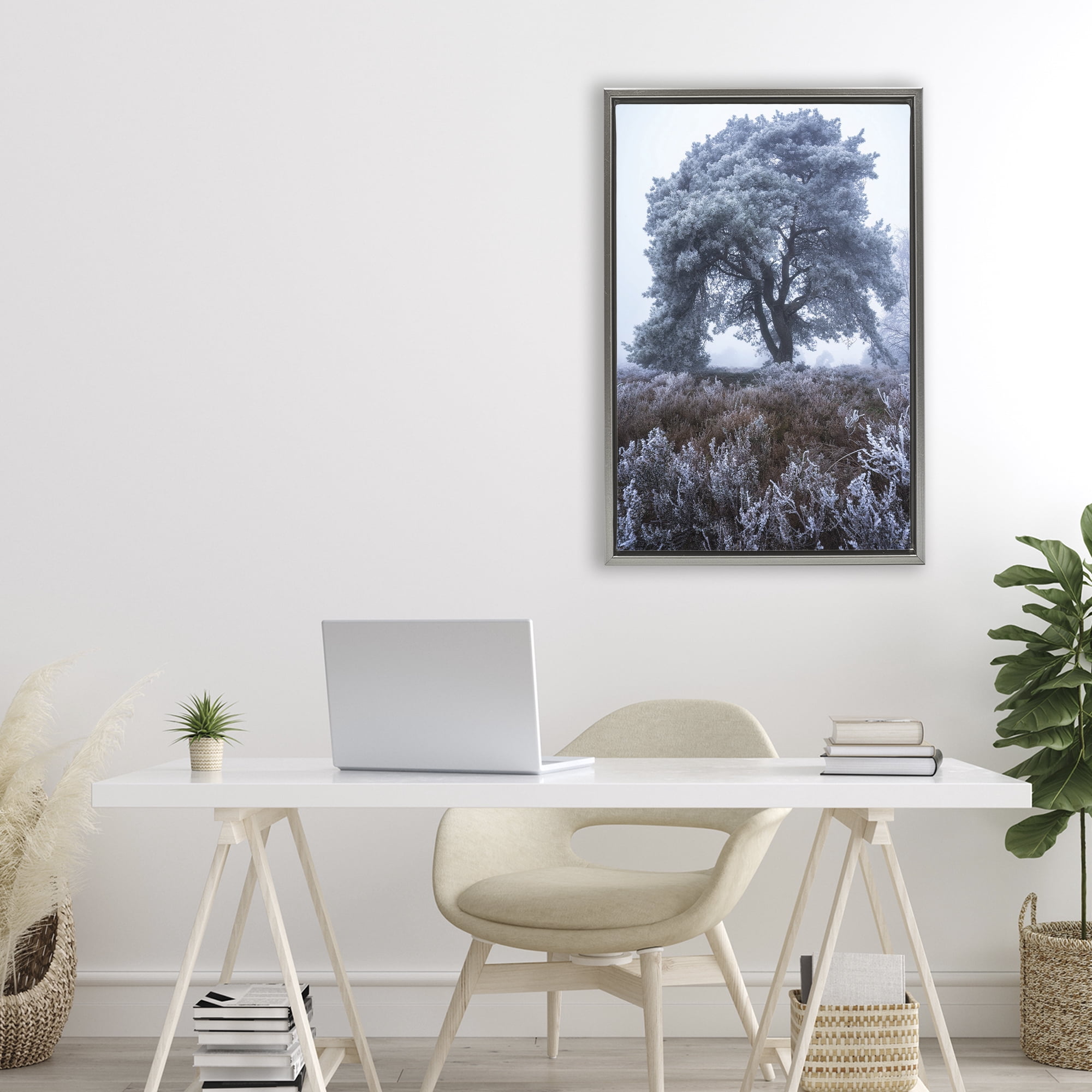 Stupell Industries Frosted Tree in Winter Mist Gray Framed Floater Canvas Wall Art, design by Martin Podt