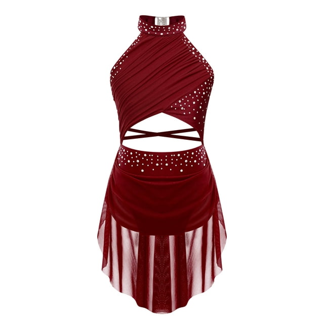 Raenseen Robe de Danse Ballet Jazz pour Filles, Justaucorps de Patinage Artistique, Strass Brillants, Robe de Bal Sans Manches, Bordeaux 10