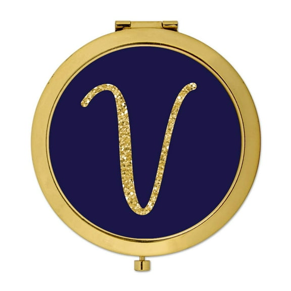 Koyal Wholesale Gold Compact Mirror Bridesmaid's Wedding Gift, Navy Blue | Faux Gold Glitter, Monogram Letter V, 1-Pack