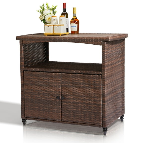 LINJH Outdoor Bar Cart with Handles 35inch Storage Shelf Wicker Garden Food Table