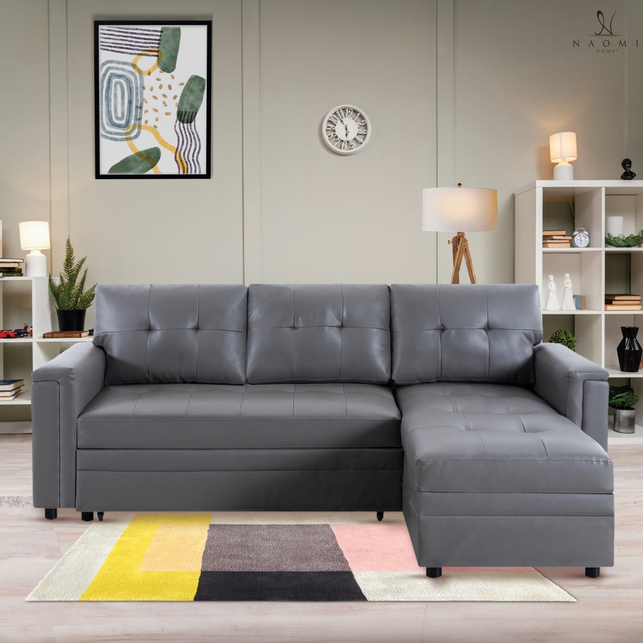 Naomi Home Lily Sectional Sleeper Sofa with USB ports-L-Shaped Couch Convertible faux leather sectional Pull-Out Bed, Ample Storage, Long-Lasting for Modern Living, Gray, Air Leather