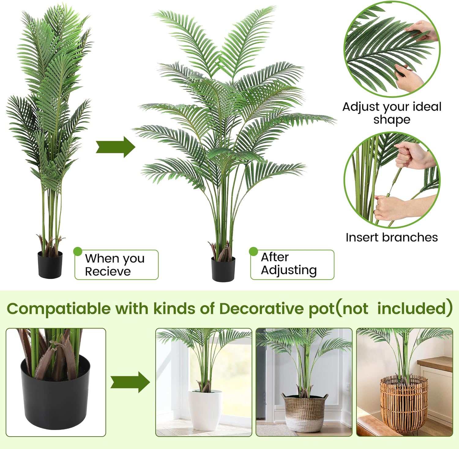 6 Ft Large Artificial Plants, 2PCS Fake Palm Tree, Fake Faux Tropical Palm Silk Plant with 15 Trunks Paradise Palm Floor House Plant in Pot Indoor Home Office Garden Decoration
