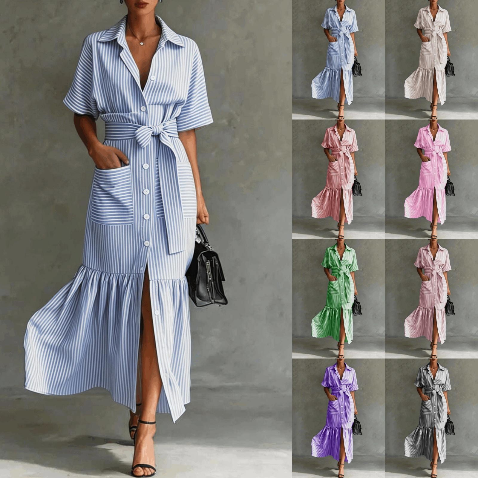 Jane Wardrobe Women's Casual Striped Short Sleeve Shirt Dress Loose Fit Midi Length Ruffled Hem Belted Waist With Pockets For Daily Brunch 1 Pc Sizes S M L XL XXL Pink Purple Blue Black Green Khaki