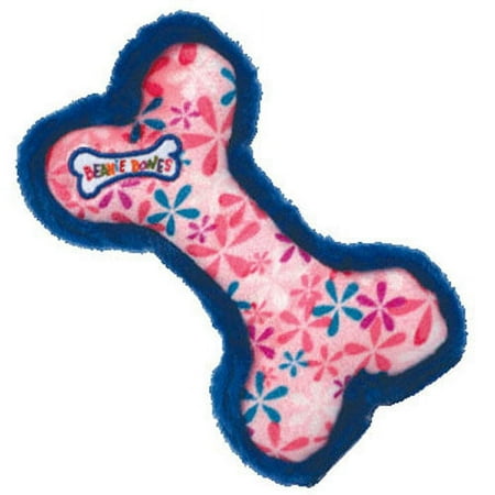 TY Bow Wow Beanies - PINK 60's PRINT the Bone (Pink w/ Blue & Pink Flower Print & Blue Trim) (7 inch