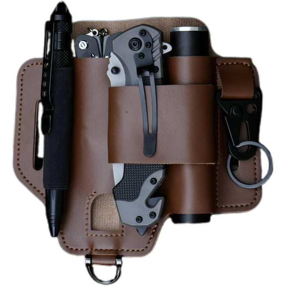 Leather Multitool Sheath, Premium Full-Grain Genuine Leather EDC Belt Pocket Organizer for Work and Daily Use, Leatherman Sheath for Flashlight, Pen Holder and Keychain Clip, Brown