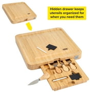 Tasty Natural Bamboo Cheese Board and Charcuterie Tray with Hidden Drawer, Utensils, Markers, and Chalk, 13 x 13