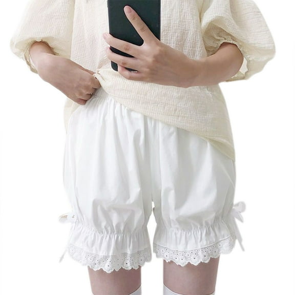 Women Vintage Lolita Bloomers Pumpkin Pants Ruffled Lace Hem Bow Security Shorts