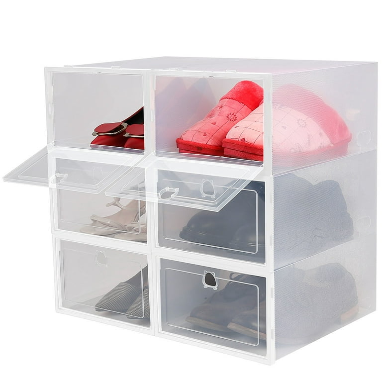 6Packs Collapsible Shoe Box Stackable Shoe Storage Bin Transparent Dustproof Hard PP Shoe Organizer Container with Magnetic Door - Clear