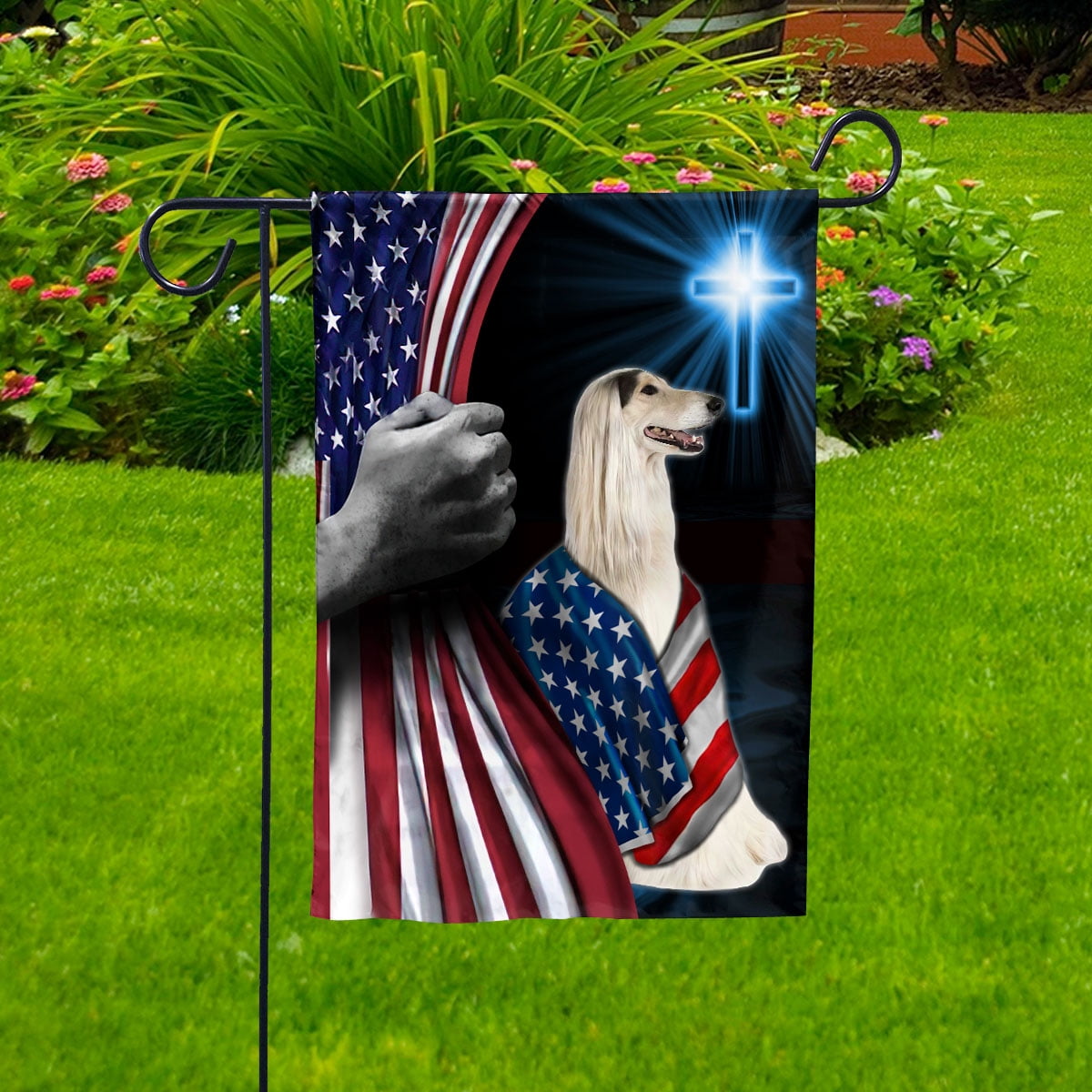 Hand Pulling USA Flag Afghan Hound Dog Wearing Flag American Standing under Cross Christian Patriotic House Flag (3x5) Double Sided- Premium Polyester-Decorative Indoor Outdoor Flag