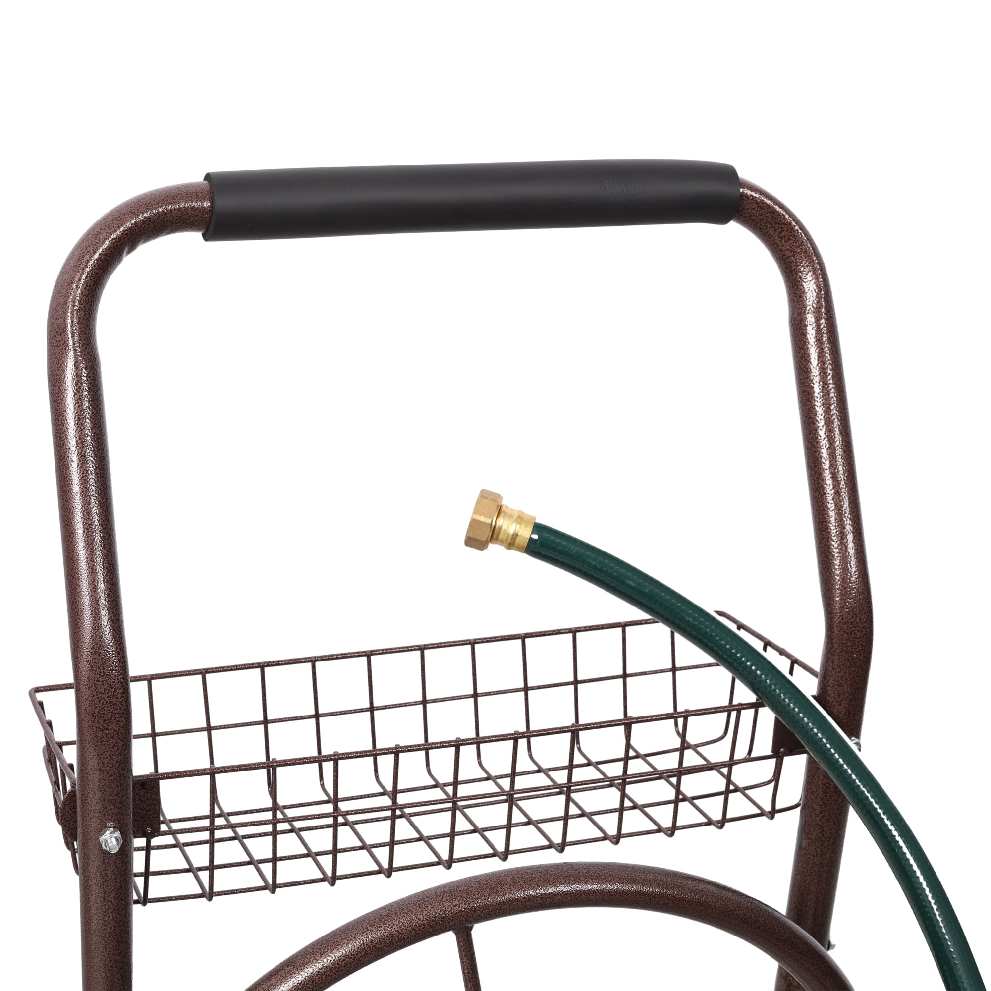 Garden Hose Reel Cart, Heavy-Duty 4-Wheel Hose Cart Holds 250ft 5/8" Hose with Storage Basket, Rust-Resistant Steel Frame for Yard, Lawn