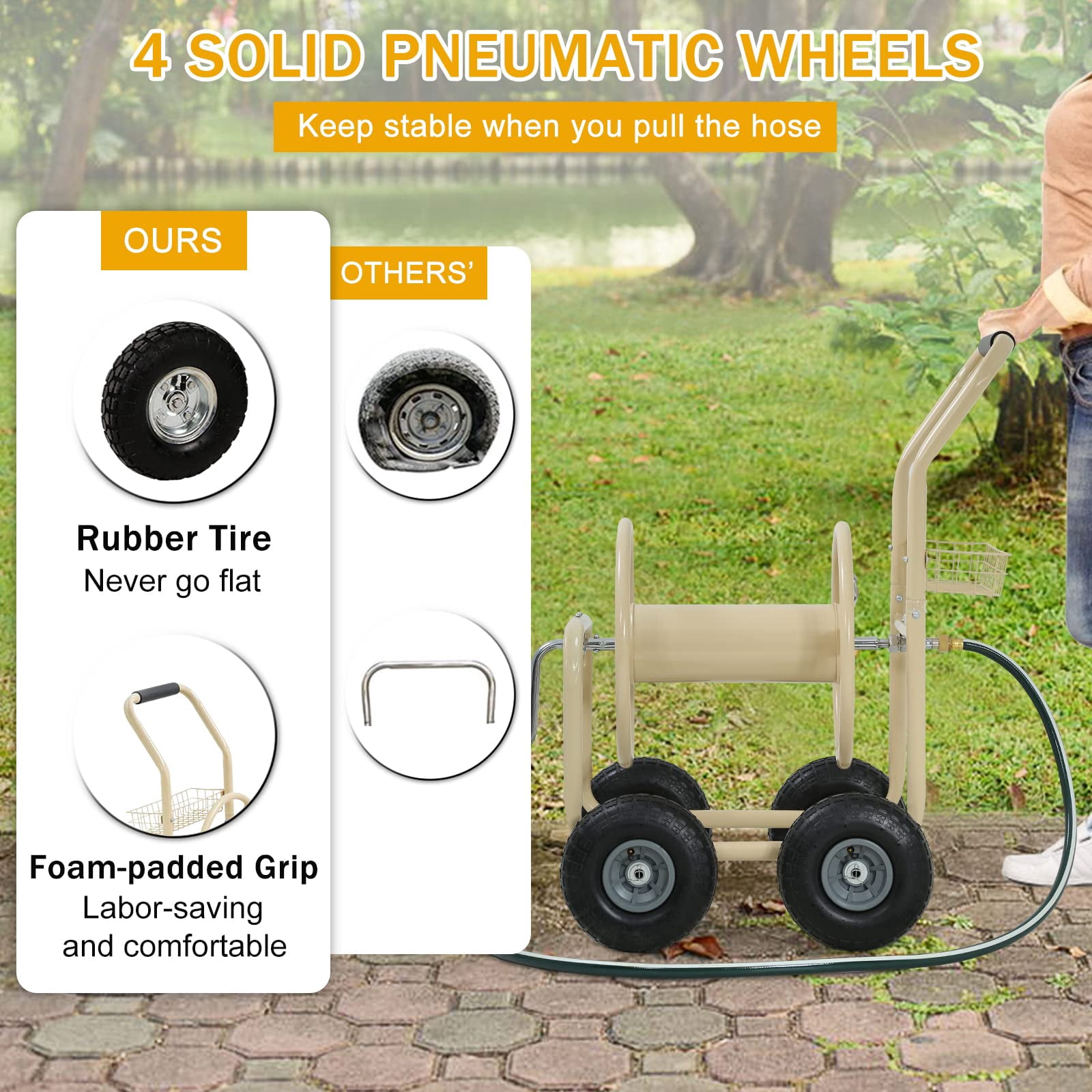 Garden Hose Reel Cart,  Hose Reel Cart with  4 Wheels, Heavy Duty Outdoor Water Planting Truck with Storage Basket (Tan)