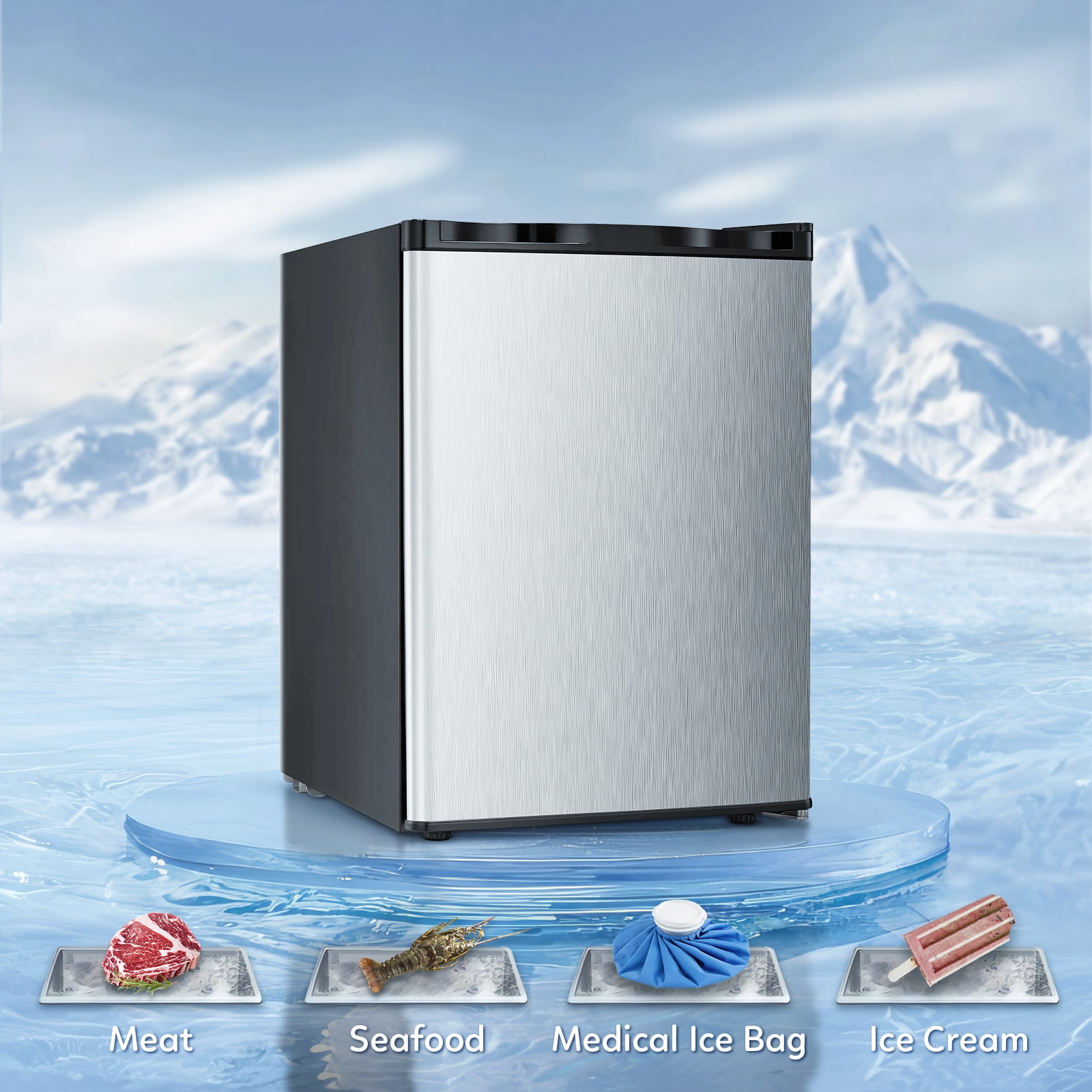 Auseo Mini Freezer Countertop, Energy Saving 2.6 Cu.ft, Single Door Compact Upright Freezer with Reversible Door for Home/Office/Kitchen-Silver