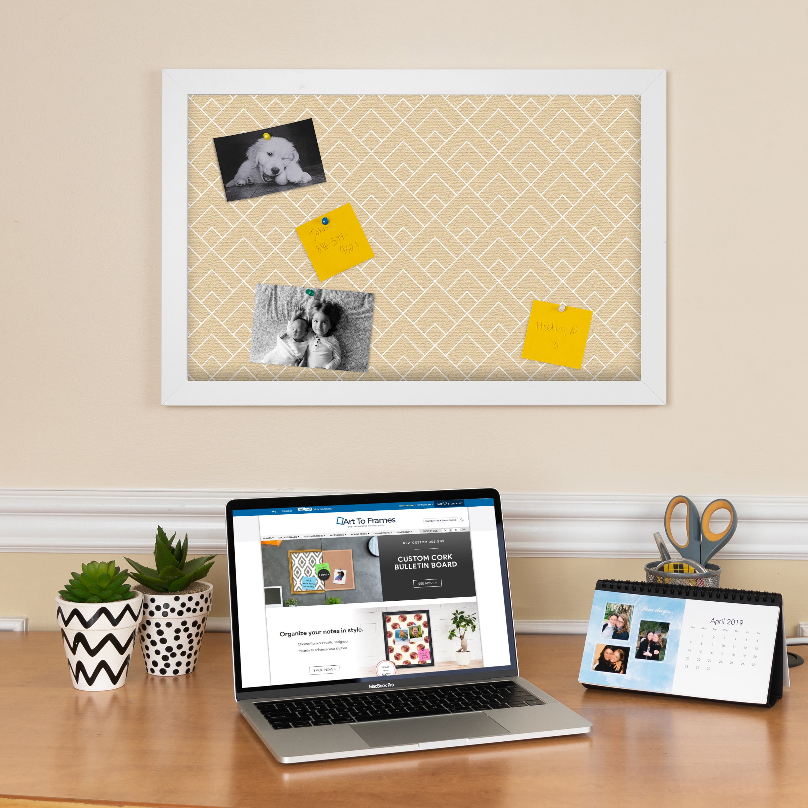 PinPix 30x12 Custom Cork Bulletin Board Peaks Modern Pattern Beige Poster Board Has a Fabric Style Canvas Finish, Framed in Peaks Modern Pattern Beige, by ArtToFrames (PinPix-1792)