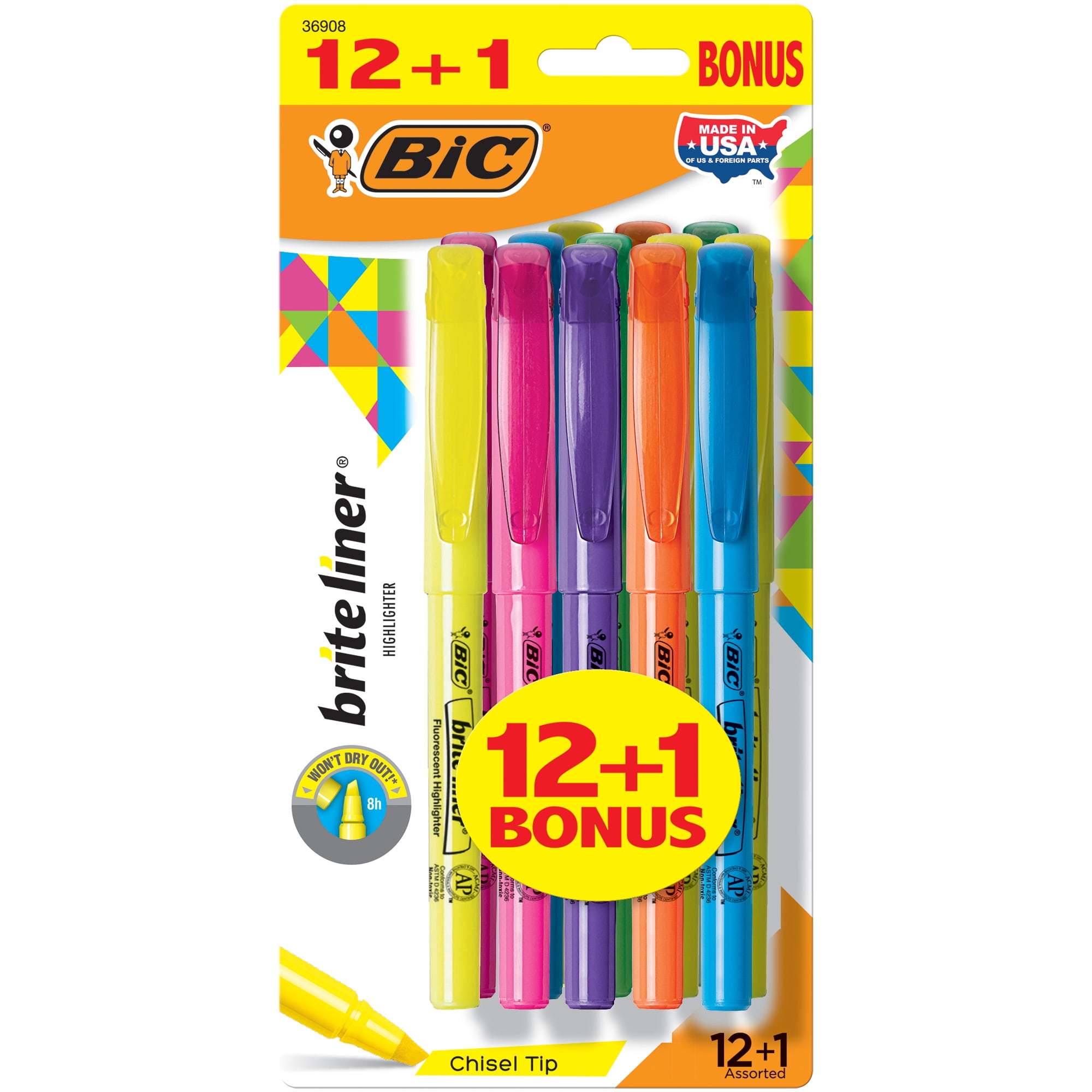 BIC Brite Liner Pocket Highlighter, Chisel Tip, Assorted Colors 12+1