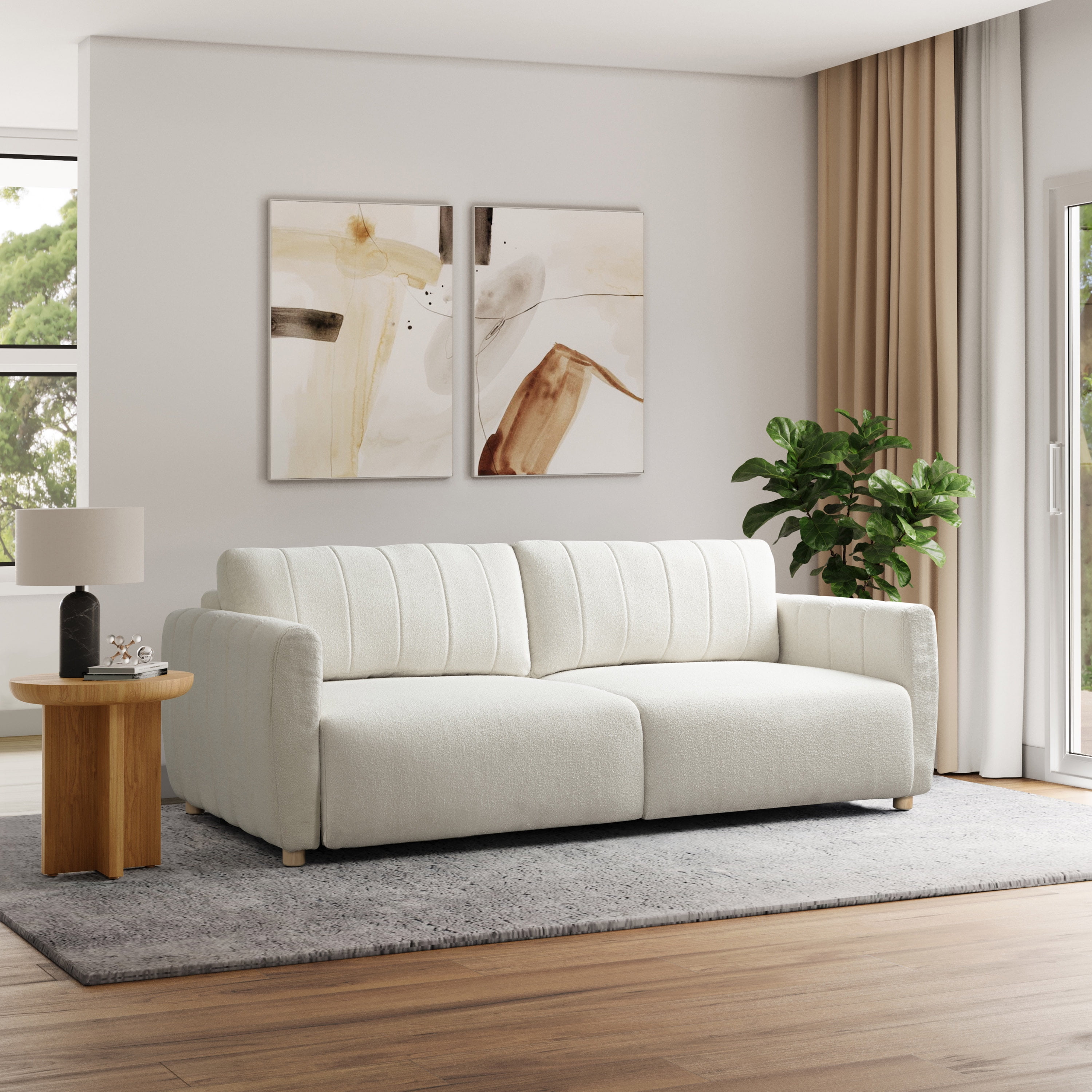 Serta Grant Scandinavian Convertible Sofa with Queen Size Sleeper, Ivory Boucle Fabric