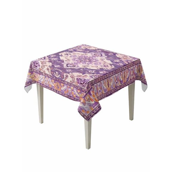 Purple Orange Boho Table Cloth, Ethnic Geometric Middle Century Art Waterproof Tablecloth for Square Tables, Reusable Washable Fabric Table Cover for Restaurant Kitchen Dining Tables 60"x60"