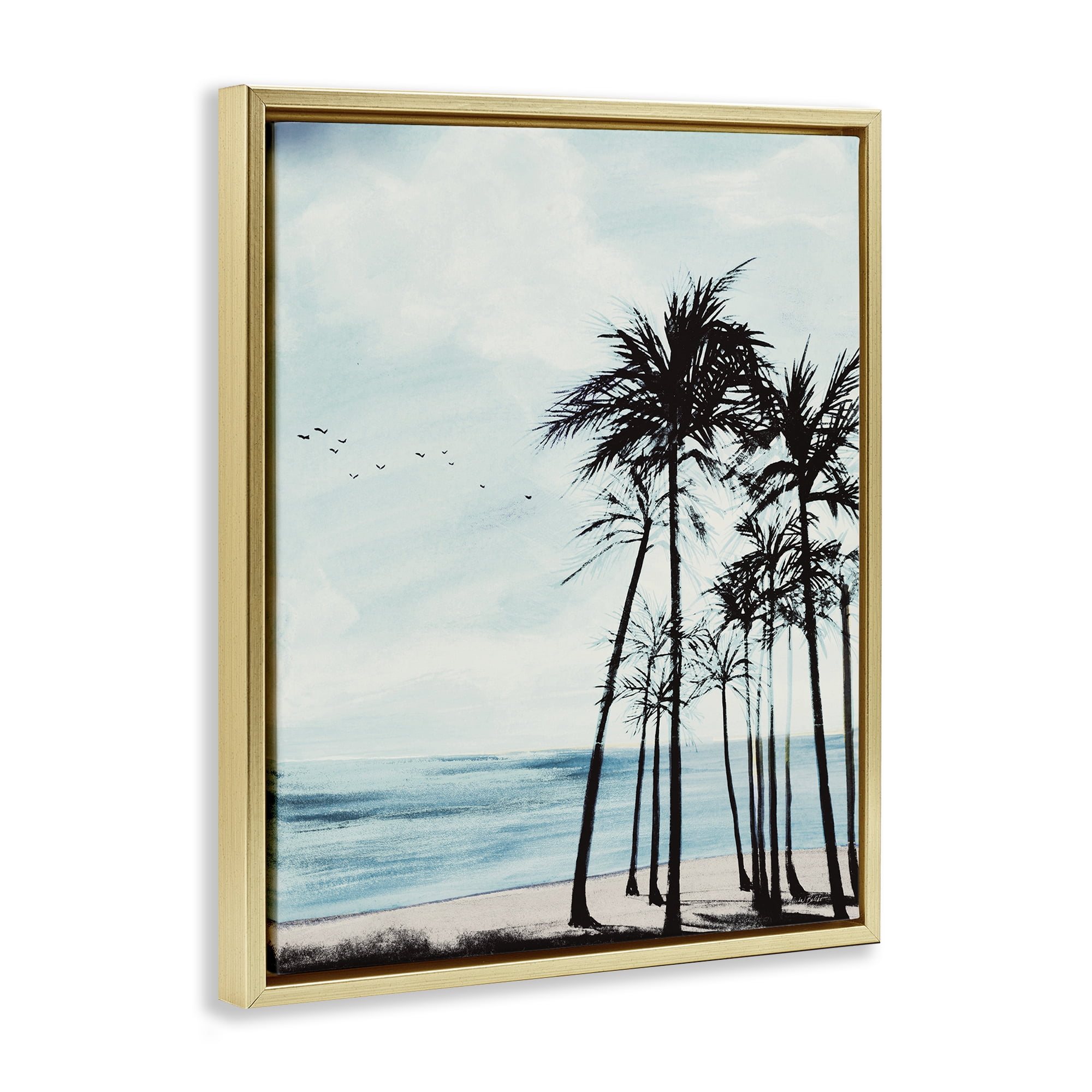 Stupell Industries Summer Beach Silhouette Coastal Painting Gold Floater Framed Canvas Art Print Wall Art, 17 x 21