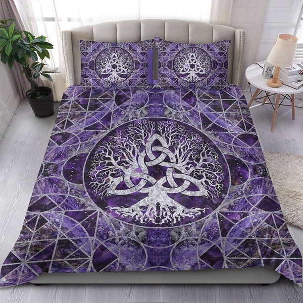 Juego de Cama Vikingo Árbol de la Vida con Triquetra Amatista y Plata Juego de Cama