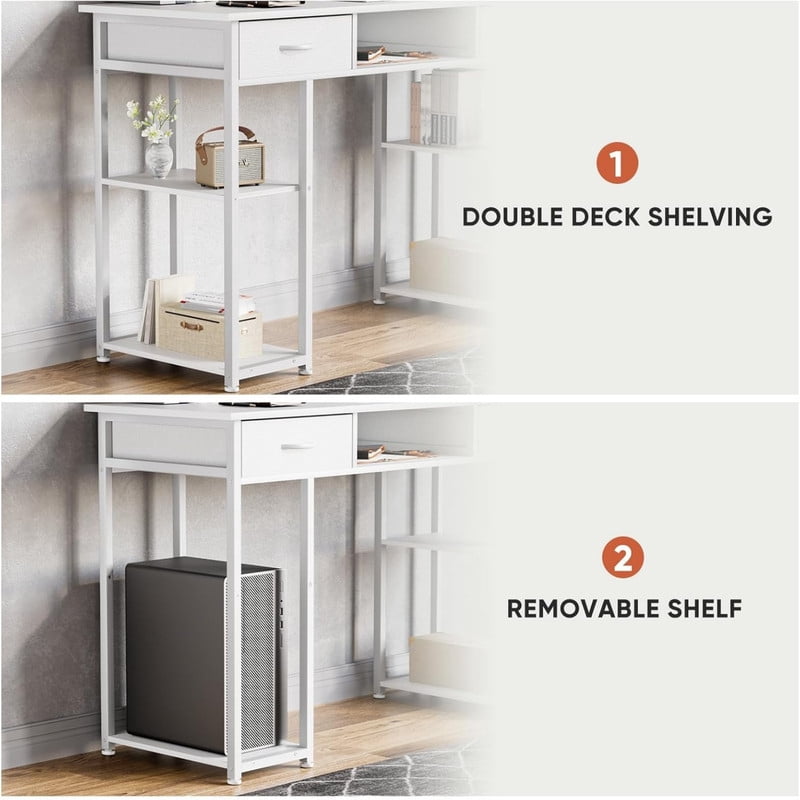 Kelno 48 Inch Computer Desk with Storage Shelf 2 Fabric Drawer Vanity Writing Table, White