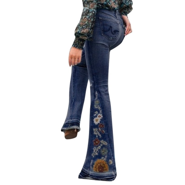 Gibobby Jeans mujer cintura alta Jeans acampanados de mezclilla con corte de bota y bordado floral inferior para mujer(A,XL)