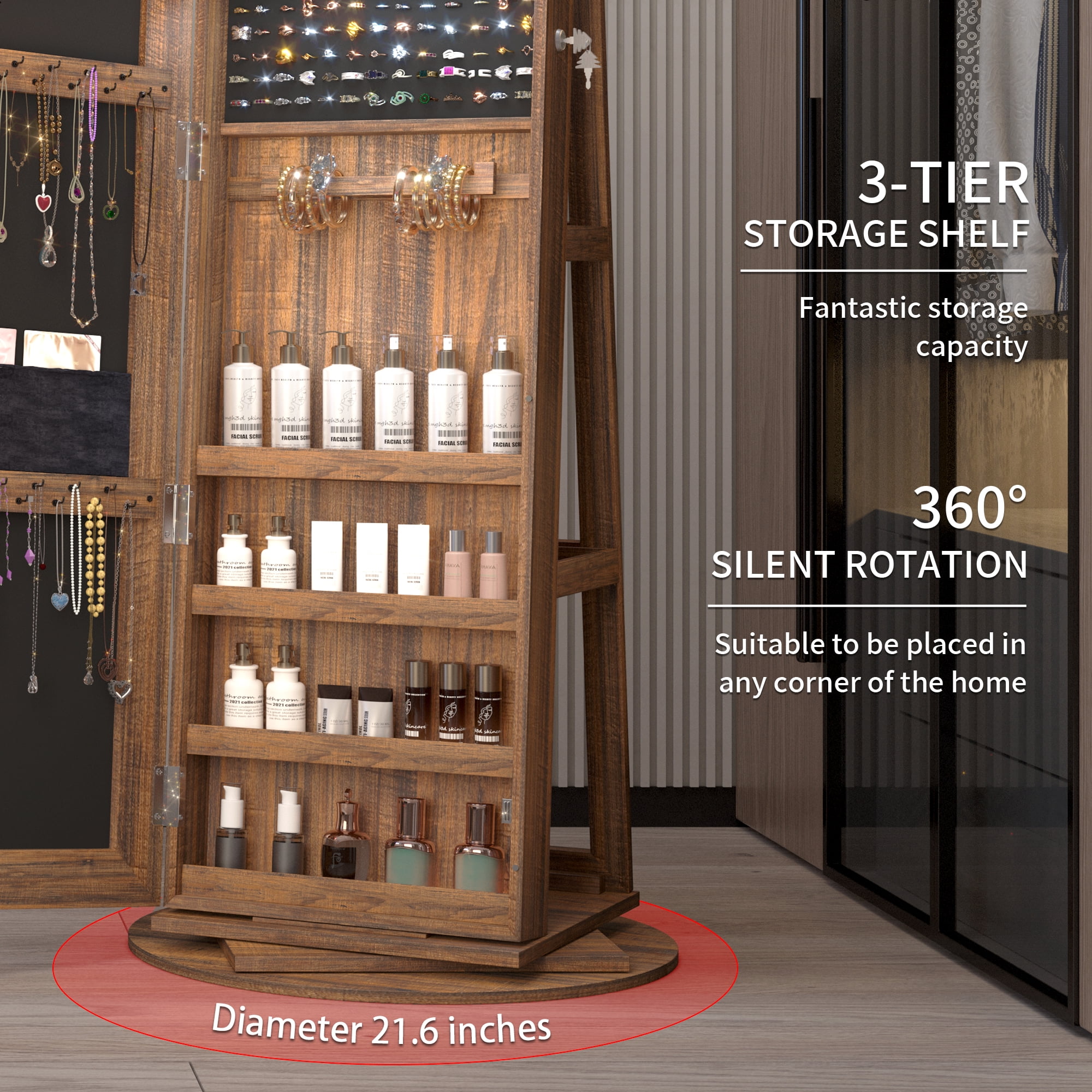Jewelry Cabinet Armoire With Full Length Mirror - 360° Swivel & Wall Mount, Lockable With LED Lights & Drawers | Antique Brown Organizer