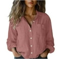 thumbnail image 3 of Dazajoo Cotton and Linen Shirts Women Summer Solid Color Long Sleeve Tops with Pockets 2025 Lightweight Casual Button Down Lapel Blouses,Pink,L, 3 of 7