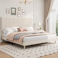 thumbnail image 1 of King Size Bed Frame, Adjustable Height Headboard, Velvet Upholstered Platform Bed Frame, No Box Spring Needed, Easy Assembly, Beige, 1 of 7