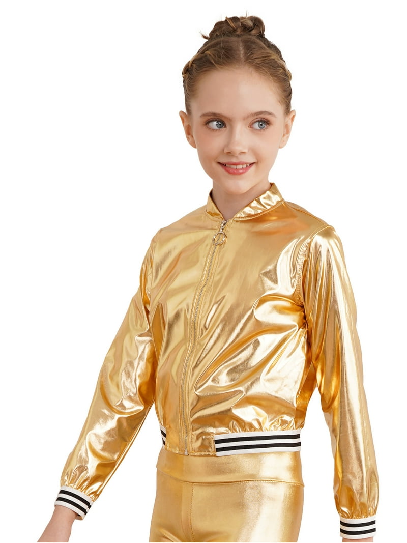 inhzoy Kids Girls Metallic lightweight Zip-Up Bomber Jacket