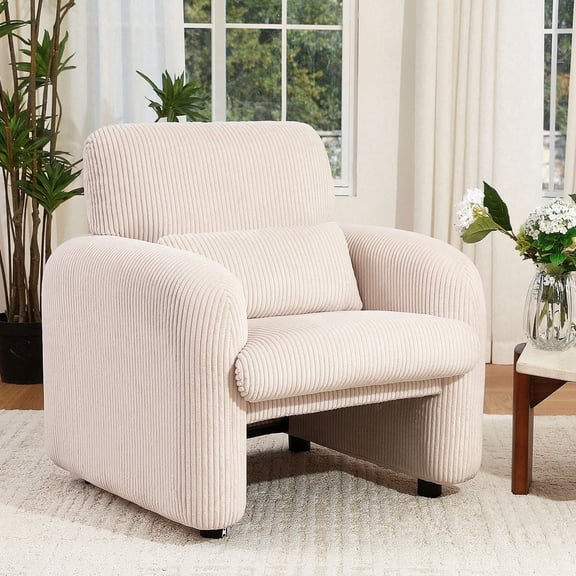 HomeMiYN Corduroy Fabric Accent Chair, Modern Upholstered Armchair with Lumbar Pillow, Wide Comfy Leisure Living Room Chairs for Bedroom, Office, Reading, Beige