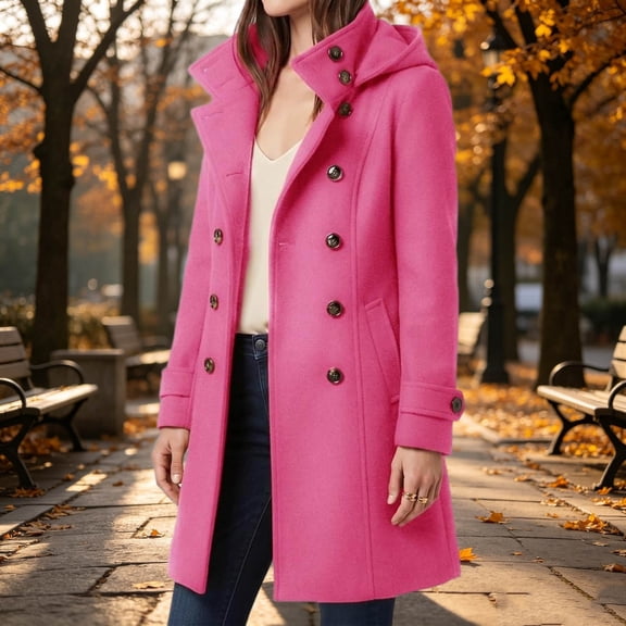 Women's Hooded Solid Double Breasted Mid Length Wool Coat