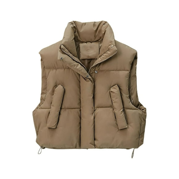 HongQid Puffer Vest Women Sleeveless Winter Cropped Outerwear Warm Puffy Lightweight Stand-up Collar Down with Pockets