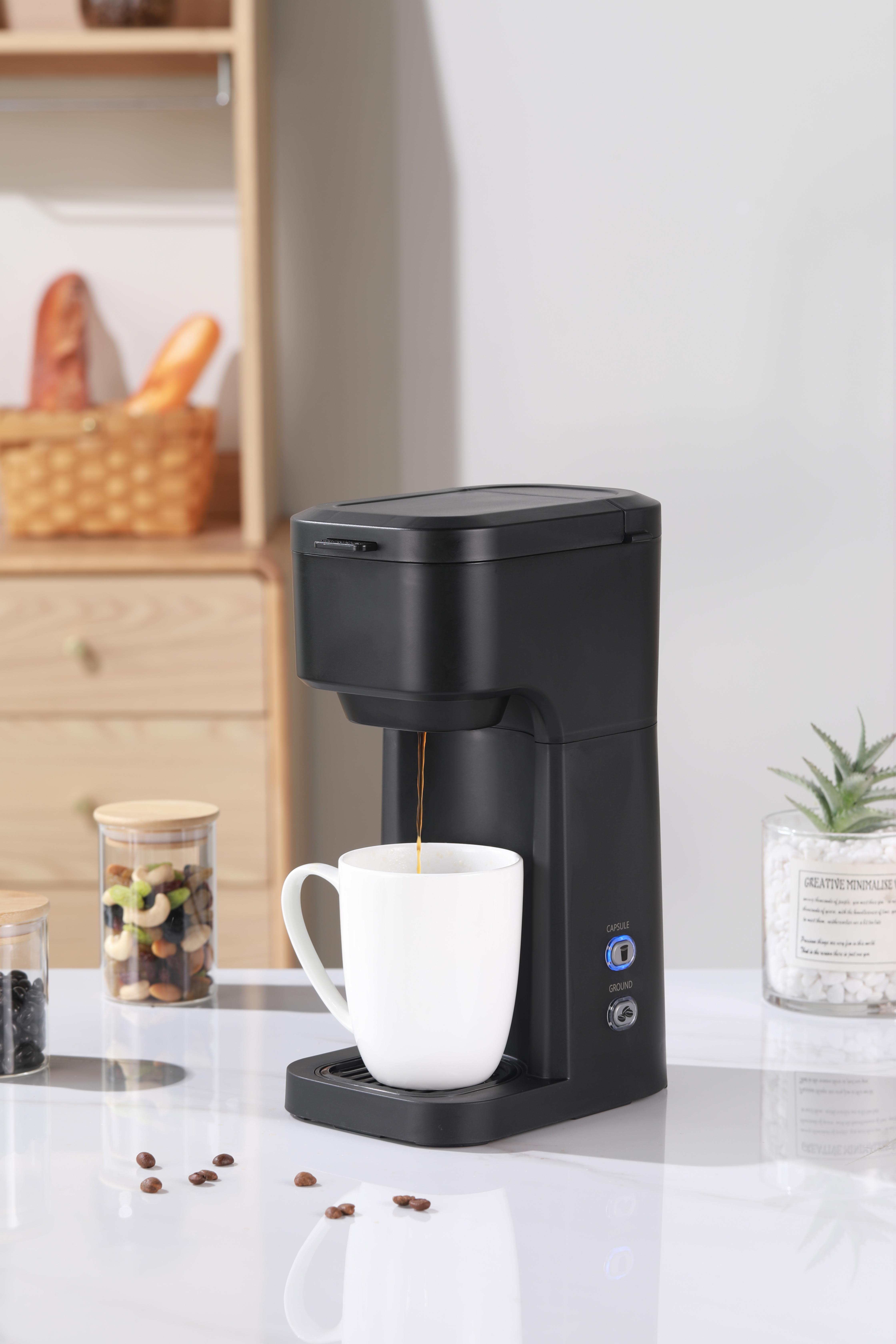 MAINSTAYS BLACK MATTE DUAL BREW COFFEE MAKER, SINGLE SERVE, AUTO SHUTOFF, 14 OZ RESERVOIR