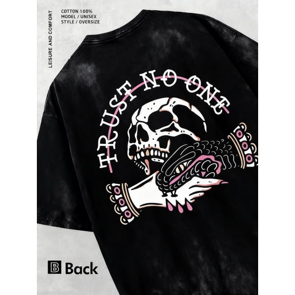 Unisex Oversized Graphic Skull Trust No One Handshake T-Shirt