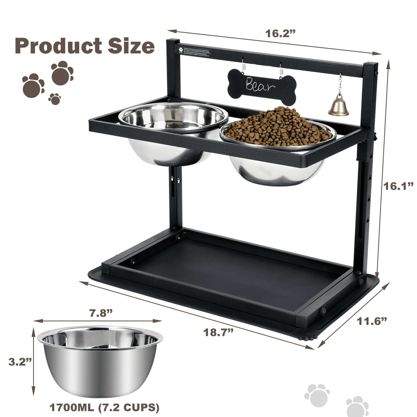 SHAINFUN Elevated Slow Feeder Dog Bowls, 6-Level Height Adjustable, Includes 2 Stainless Steel 1.7L Bowls, Raised Stand for Medium to Giant Breeds