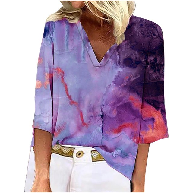 Tops de Mujer Camisas Casuales Blusas Moda Somfortable Cuello en V Manga 3/4 Top Estampado Odeerbi ODB153413