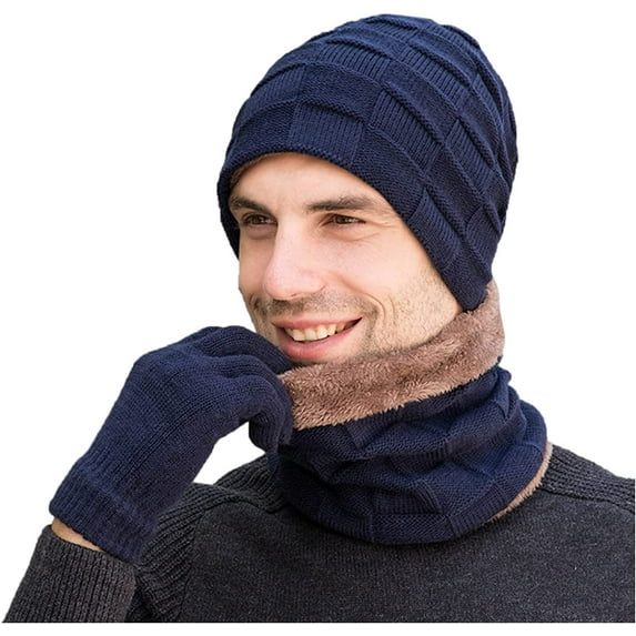 Babibeauty Men's Winter Warm Three-Piece Men's Scarf Fleece Winter Hat Windproof Knitted Bomber Hats Gloves Scarf Hat