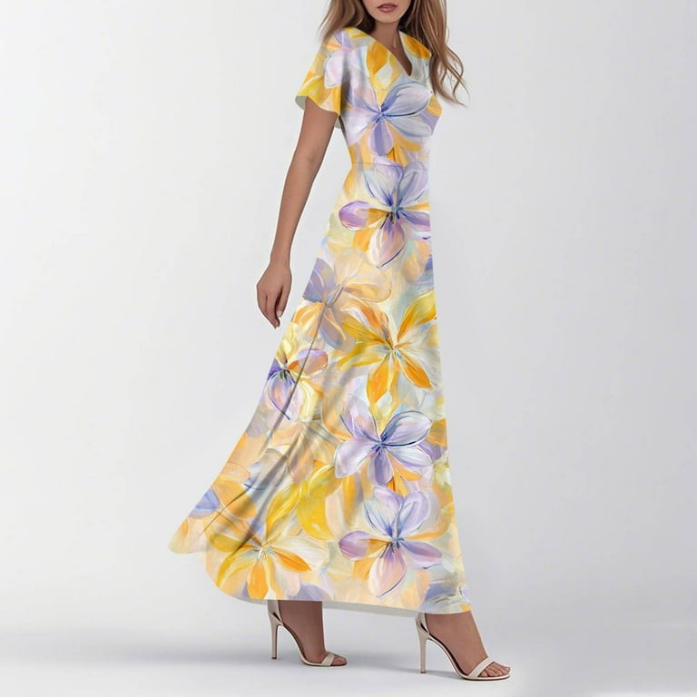 Namtyqx Shirt Dresses for Women Chiffon Floral Short Sleeve V Neck Plus Size Dresses for Curvy Women Yellow Size XL, Women's