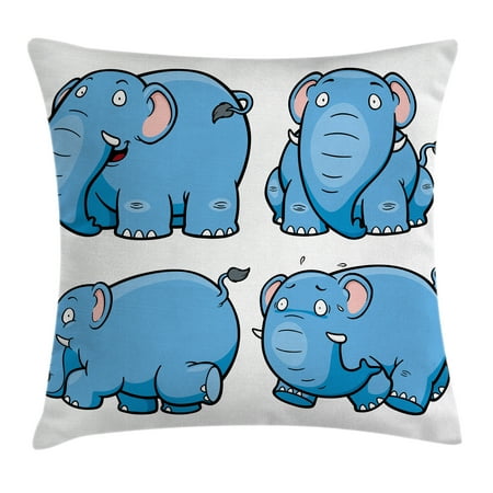 Animal Throw Pillow Cushion Cover Kids Nursery Boys Girls Baby Room Clumsy Cartoon Cute Elephant Image Print Decorative Square Accent Pillow Case