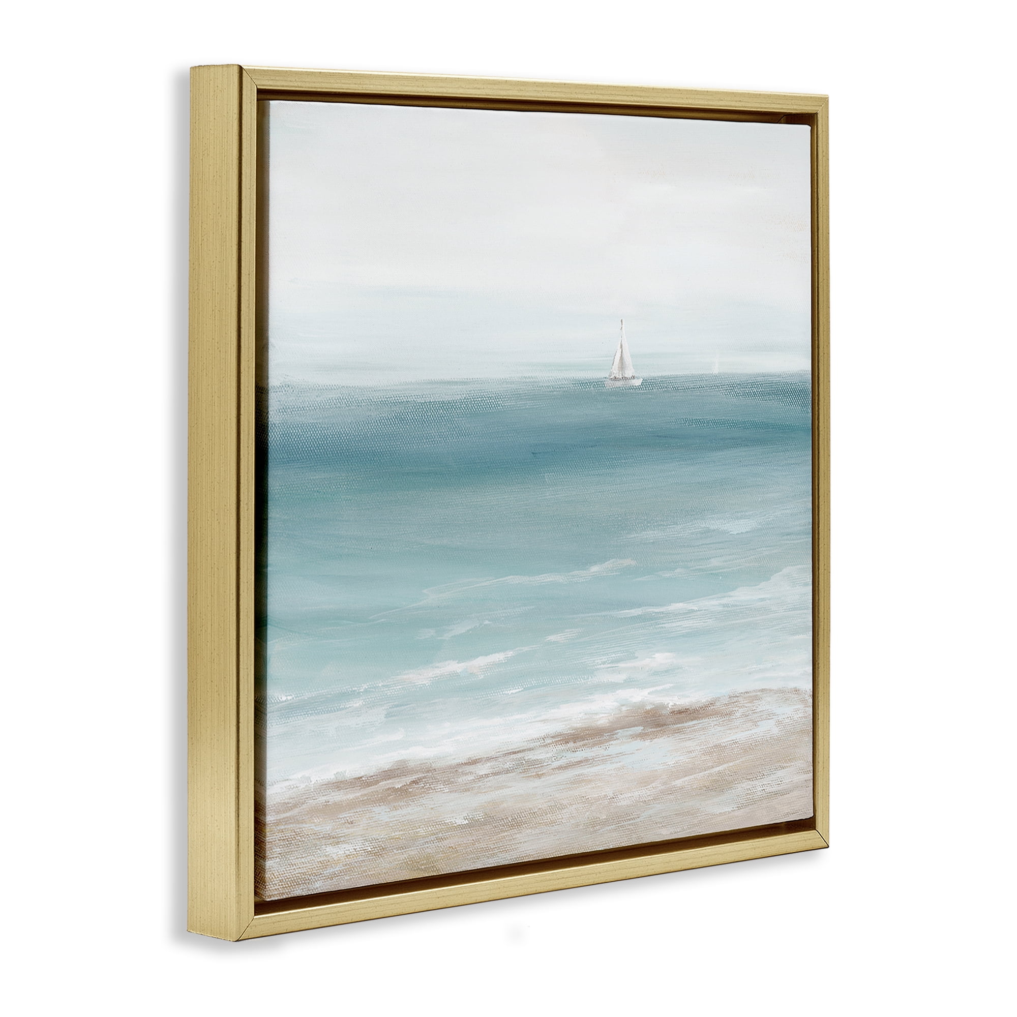Stupell Industries Distant White Sailboat Nautical & Beach Painting Gold Floater Framed Canvas Art Print Wall Art, 25 x 25